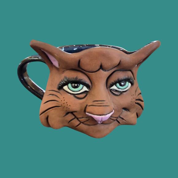 Signed Whimsical Retro Kitty Cat Vintage Mug Handmade A&A Studio Pottery Cup - Picture 1 of 11